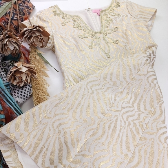 New Lilly Pulitzer Cream Gold Embroidered Metallic Dress Sz 2 - Picture 6 of 13